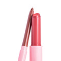 Glazed Pout lip duo standing upright - rosy pink balm bullet and nude brown twist-up liner with pastel pink tubes - caps off on a white background; ColourPop So Juicy Plumping Lip Liner & Balm Set for glossy, defined lips.