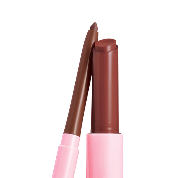 Smooches duo showcasing a warm brown lip balm bullet and matching fine‑tip liner, uncapped in pink tubes - ColourPop So Juicy Plumping Lip Liner & Balm Set - posed on a white background for a polished, fuller‑lips look.