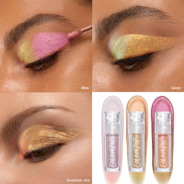 Vibe Shift ColourPop Chrome Liquid Shadow swiped on lids in a four-panel close-up, showcasing duochrome shifts - Bliss (pink to lime), Glaze (gold to green), and Sweetzer Ave (coppery gold) - with three clear tubes and a doe-foot applicator visible.