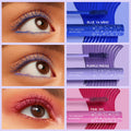 ColourPop Mascara Set Slays of the Week features three volumizing mascara looks - electric blue (Blue Ya Mind), lilac purple (Purple Prose), and hot pink (Pink Inc.) - applied on lashes, with matching star-and-heart printed tubes and bold swatch strokes in a studio collage.