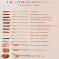 Ultimate Brush Roll displays 14 blush‑pink brushes with rose‑gold ferrules, lined beside powder and eyeshadow swatches, highlighting lip, blending, shader, angled cheek, round cheek, and large face tools on a cream backdrop; $44 ColourPop Makeup Brush Kit.