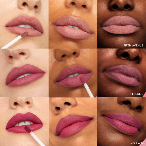 Berry Pickin’ ColourPop Ultra Matte Lip set swatched in a 3x3 lip grid, with a doe-foot applicator applying color; shades Fifth Avenue, Flurries, and You Win shown across multiple skin tones, showcasing a velvety, long-wear matte finish.