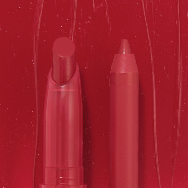 Read My Lips ColourPop Lippie Stix + Pencil Set displaying a creamy red lipstick bullet and matching liner pencil side by side against a glossy red swatch backdrop, highlighting the coordinated shade and smooth satin finish.