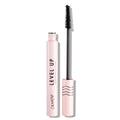 Open pale pink Level Up tube of ColourPop Lengthening Mascara in Black displays a slim, straight brush coated with black pigment, wand resting beside the cap on a white background, LEVEL UP and ColourPop logos visible for lash-lengthening.