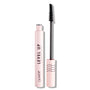Open pale pink Level Up tube of ColourPop Lengthening Mascara in Black displays a slim, straight brush coated with black pigment, wand resting beside the cap on a white background, LEVEL UP and ColourPop logos visible for lash-lengthening.