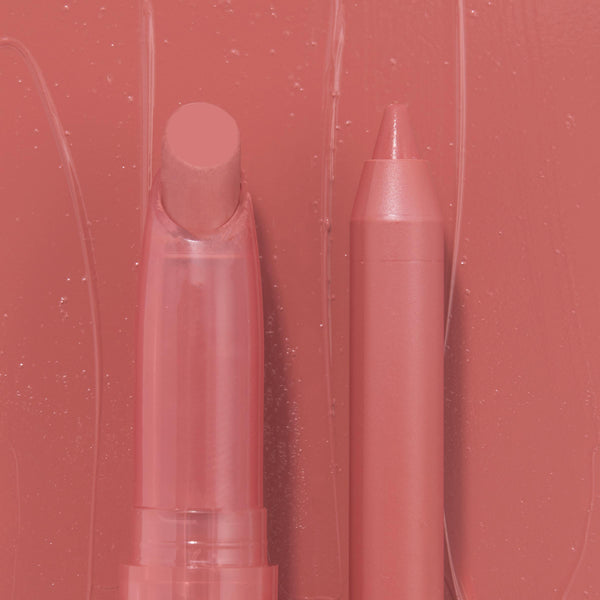 Perfect Duo ColourPop Lippie Stix + Pencil Set with creamy Lippie Stix and matching lip pencil standing side by side, showcasing a warm rosy nude shade against a glossy swatched background for precise lining and smooth color payoff.
