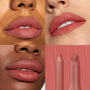 ColourPop Perfect Duo Lippie Stix + Pencil Set defining and filling lips in a warm rosy-terracotta matte, shown in a four-panel grid on varied skin tones, with close-ups of lined lips and a final panel showing the pencil and twist-up Stix on a swatched backdrop.