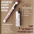 Taupe Brow Boss Pencil brow makeup displayed with open pencil and spoolie wand on beige background, surrounded by text callouts highlighting 8HR wear, waterproof, precision tip, panthenol, 24HR hold, flake-proof formula, and rosemary extract.