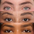 Three pairs of female eyes show before-and-after results of Taupe Brow Boss Pencil brow makeup, with sparse eyebrows on the left and fuller, defined brows on the right against a neutral close-up studio background.