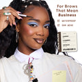 Confident woman applies ColourPop Brow Boss Pencil in Taupe to sculpted brows, showcasing polished brow makeup with bold blue eyeshadow, while text highlights waterproof, 8-hour wear benefits in a professional office-inspired setting.