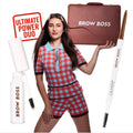 Model posing in retro red and blue checkered outfit, holding a briefcase labeled Brow Boss, surrounded by ColourPop Brow Boss Pencil in Taupe and brow gel, promoting brow makeup as the ultimate power duo on a clean white background.