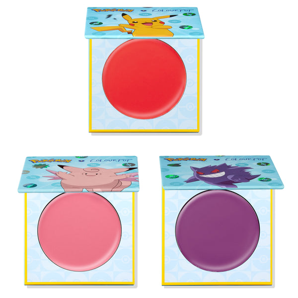 Electrifying Dreams ColourPop Cream Blush bundle displays three open compacts with bold red, soft pink, and deep purple pans beneath blue Pokémon lids featuring Pikachu, Clefable, and Gengar on a white background.