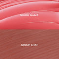 Glazed Pout swatches show ColourPop So Juicy Plumping Lip Liner & Balm Set: top glossy coral balm “Guava Glaze” and bottom warm rosy-brown liner “Group Chat,” split panel highlighting texture and shade pairing.