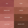 Swatch grid highlighting Juiciest Pout, the ColourPop So Juicy Plumping Lip Liner Set - eight creamy shades in a 2x4 layout labeled ETA, TEASE, GROUP CHAT, JAGUAR, WESTWOOD, SLAY, LOVE THAT, MOCHA LATTE - spanning rosy mauves to rich browns.