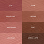 Swatch grid highlighting Juiciest Pout, the ColourPop So Juicy Plumping Lip Liner Set - eight creamy shades in a 2x4 layout labeled ETA, TEASE, GROUP CHAT, JAGUAR, WESTWOOD, SLAY, LOVE THAT, MOCHA LATTE - spanning rosy mauves to rich browns.