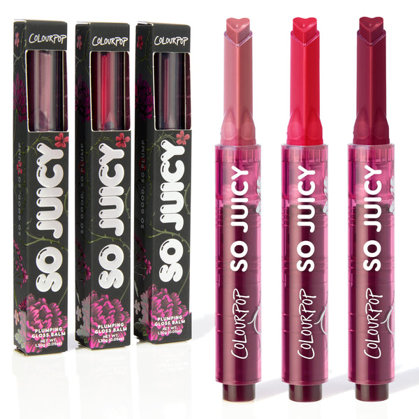 Juicy Affair trio of ColourPop So Juicy Plumping Gloss Balm with Peptides in shades nude, rosy pink, and deep berry, shown uncapped with heart-shaped bullets beside floral black boxes, hydrating lip plumper sticks in glossy magenta tubes.