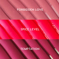 Juicy Affair swatches showcasing ColourPop So Juicy Plumping Gloss Balm with Peptides - three high-shine stripes in rosy nude Forbidden Love, hot pink Spice Level, and deep berry Temptation on a ridged, glossy surface.