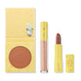 Kind at Heart ColourPop Lip & Cheek Set displayed on a white background, featuring a yellow compact with rose‑embossed warm terracotta cheek color, a pink‑pearl Ultra Glossy Lip, and a rose‑stamped nude lipstick in matching yellow packaging.