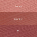 Creamy lip liner swatches show three shades for the Lips Don’t Lie ColourPop So Juicy Plumping Lip Liner Set - Love That (soft pink nude), Group Chat (warm rose), and ETA (mauve) - streaked in horizontal bands on a textured background.