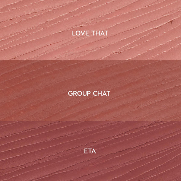 Creamy lip liner swatches show three shades for the Lips Don’t Lie ColourPop So Juicy Plumping Lip Liner Set - Love That (soft pink nude), Group Chat (warm rose), and ETA (mauve) - streaked in horizontal bands on a textured background.