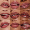 Glossy lips model Lush Pout in a 3x3 swatch grid, showcasing the high-shine, plumping finish of the ColourPop So Juicy Plumping Gloss Balm with Peptides; nude-toned shades Doe, PSL, and Vacay Mode displayed on varied skin tones.