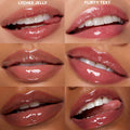 Close-up 2x3 grid shows lips wearing Plump Perfect, the ColourPop So Juicy Lip Oil Set; shades Lychee Jelly (left) and Flirty Text (right) deliver high-shine, sheer pink‑nude color for a plumped, hydrated look across multiple skin tones.