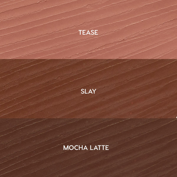 Three stacked lip liner swatches labeled Tease (soft pink nude), Slay (warm brown), and Mocha Latte (deep mocha) show a smooth, creamy texture, representing the ColourPop So Juicy Plumping Lip Liner Set, Total Slay.