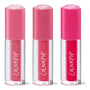 ColourPop Lip Stain Tickle Me Pink trio standing upright, each clear tube with white ColourPop logo and heart-shaped pink caps, showcasing soft rose, medium pink, and bold fuchsia shades on a white studio background.
