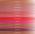 Cloud Kissed Full Collection Set of Cloud Whip blurring liquid lipstick shown as stacked horizontal swatches in nude, pink, coral, and berry shades, each labeled with shade names from Candy Floss to Cloudy Hour on a clean gradient background.