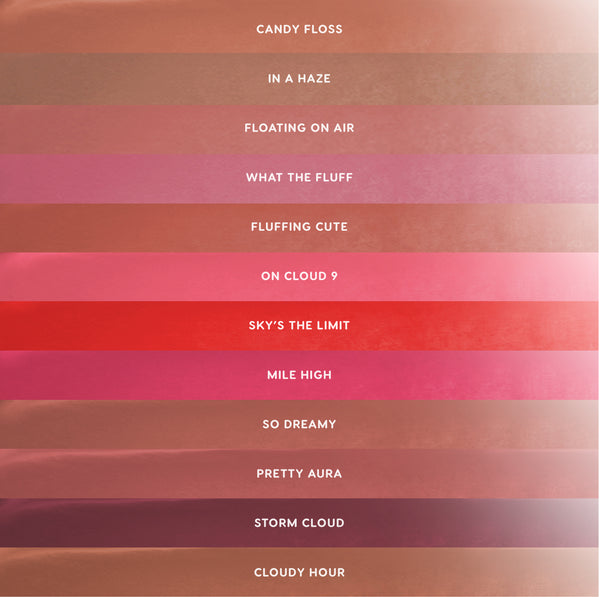Cloud Kissed Full Collection Set of Cloud Whip blurring liquid lipstick shown as stacked horizontal swatches in nude, pink, coral, and berry shades, each labeled with shade names from Candy Floss to Cloudy Hour on a clean gradient background.