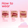 Tutorial graphic shows three close-up steps for applying Cloud Crushin lip trio: dot liquid lipstick on center of lips, blend outward with fingertip, then blur for a soft-focus finish, promoting Cloud Crushin Value Sets on a pink gradient background.