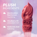 Cloud Kissed full collection set Cloud Whip liquid lipstick wand swirls rich rosy pigment against a dreamy pink-purple cloud background, highlighting plush ingredients marshmallow root extract, cloudberry oil, and hyaluronic acid benefits.