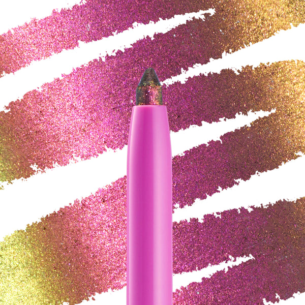 Pixie ColourPop Chrome Crème Gel Liner stands upright with a hot‑pink barrel, showcasing a sparkly multichrome tip; behind it, bold diagonal swatches shift from fuchsia to gold‑green, highlighting rich payoff and metallic finish.