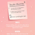 BFD Oil Cleanser kick-starting a double cleansing routine - oil pre-cleanse melts makeup and pollution before a second cleanser deep-cleans - presented on a pink sticky-note infographic with why and when tips; ColourPop face cleanser.