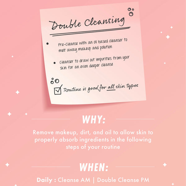 BFD Oil Cleanser kick-starting a double cleansing routine - oil pre-cleanse melts makeup and pollution before a second cleanser deep-cleans - presented on a pink sticky-note infographic with why and when tips; ColourPop face cleanser.
