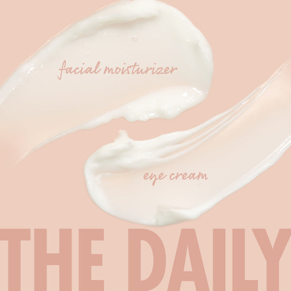 Creamy white swatches of The Daily Face + Eye Cream glide side by side, labeled “facial moisturizer” and “eye cream” on a soft peach backdrop, showcasing textures of the ColourPop Face & Eye Moisturizer Set.