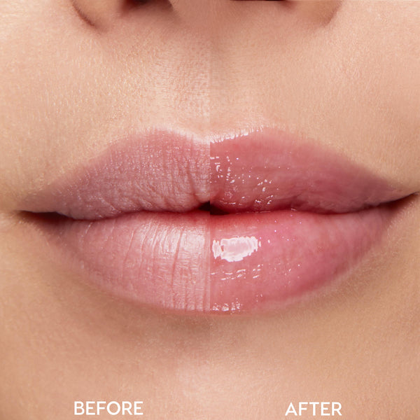 Close-up split view of lips showing before-and-after results using the Beautiful Belle Disney Princess Belle Lip Mask & Ultra Glossy Lip, with the left side dry and the right side plump, smooth, and high-shine pink.