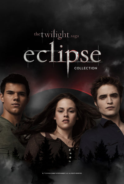 Three serious young adults stand shoulder to shoulder in front of a dark sky and red-tinted eclipse, with the title “The Twilight Saga: Eclipse Collection” above them and silhouetted evergreen trees and mist framing the moody movie poster design.