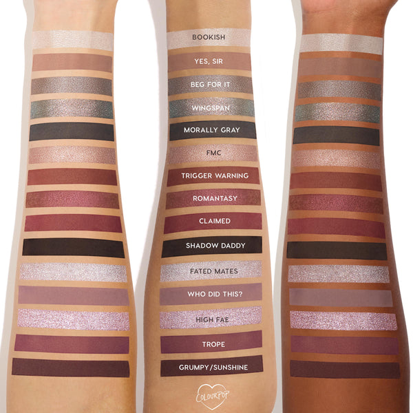 A Shadow of Secrets ColourPop Shadow Palette swatched on three arms - light, medium, and deep skin - showing matte and shimmer neutrals, mauves, and smoky tones labeled Bookish, Yes, Sir, Wingspan, Morally Gray, High Fae, Grumpy/Sunshine.