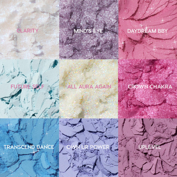 Colourpop In A Trance shadow palette macro showing nine crushed pastel and glitter pans labeled Clarity, Mind’s Eye, Daydream BBY, Future Self, All Aura Again, Crown Chakra, Transcend Dance, Own Ur Power, and Uplevel in dreamy cool tones for US makeup lovers searching Shadow Palettes.