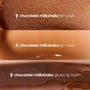 Triple Chocolate Lip Care Kit displaying three Chocolate Milkshake swatches - gritty lip scrub, creamy lip mask, and glossy lip balm - stacked close-ups of chocolate-brown textures with shine, a ColourPop Lip Care Kit for soft, hydrated lips.