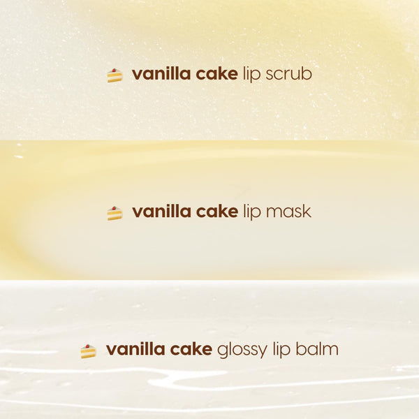 Vanilla Dream Lip Care Kit showcases three vanilla cake treatments - lip scrub, lip mask, and glossy lip balm - swatched as shimmering cream, pale vanilla, and clear layers on a light background, highlighting textures in this ColourPop Lip Care Kit.