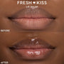 Close-up lips showing Colourpop Merriest Pout Lip Set results - top before is dry and matte; bottom after shows Fresh Kiss Lip Mask creating smooth, hydrated, high-shine lips in a split-screen comparison.