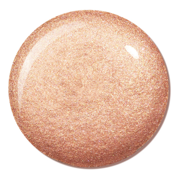 Venice Blvd swatch shimmering in a glossy, circular pool, showing a warm peachy‑champagne glow with fine gold shimmer; ColourPop Liquid Highlighter texture and finish displayed in close-up on a clean white background.