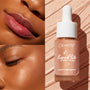 Venice Blvd by ColourPop Liquid Highlighter brightening skin - close-ups show glossy lips and a dewy, luminous cheek - while the dropper bottle rests on a shimmery swatch backdrop, highlighting its peachy-champagne glow and buildable finish.