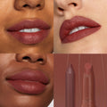 Big Smooch ColourPop Lippie Stix + Pencil Set showcasing a velvety rosy-brown lip color on three close-up swatches across multiple skin tones, with the matching lip liner and Lippie Stix shown against a smeared shade backdrop in a four-panel grid.