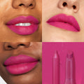 Heart Lips swatches - bold fuchsia satin - ColourPop Lippie Stix + Pencil Set lining and filling lips; three close-up lip looks across light to deep skin tones show smooth, full coverage, with the matching pencil and Lippie Stix on a pink backdrop.
