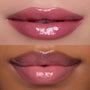Close-up split-screen of two models wearing Heart to Get Sorry Not Sorry blush + UGL set, showing glossy, sheer pink lips on different skin tones to highlight the product’s natural, high-shine finish.
