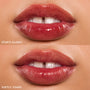 Baby Fox ColourPop Lip Stain swatched on lips - top shows glossy application with high shine, bottom shows the lasting stain - a sheer warm rosy-red tint in a close-up studio shot, showing a before-and-after finish comparison.