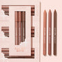 All My BFFs ColourPop Lippie Pencil 3-pack displays three nude lip liner shades - peach, rosy mauve, and deep brown - arranged beside a blush-pink limited-edition box on a soft pink flat lay, highlighting creamy, sharpenable pencils.
